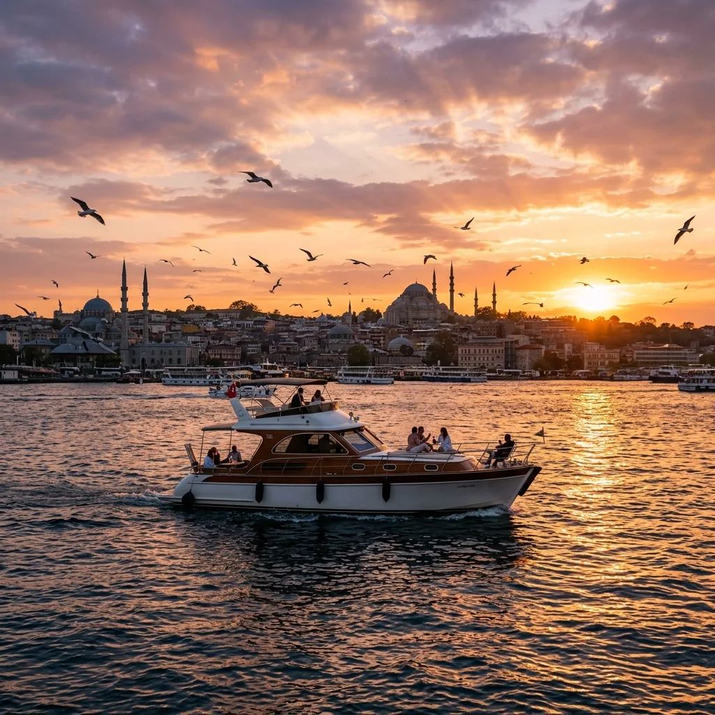 Istanbul Bosphorus sunset with luxury yacht