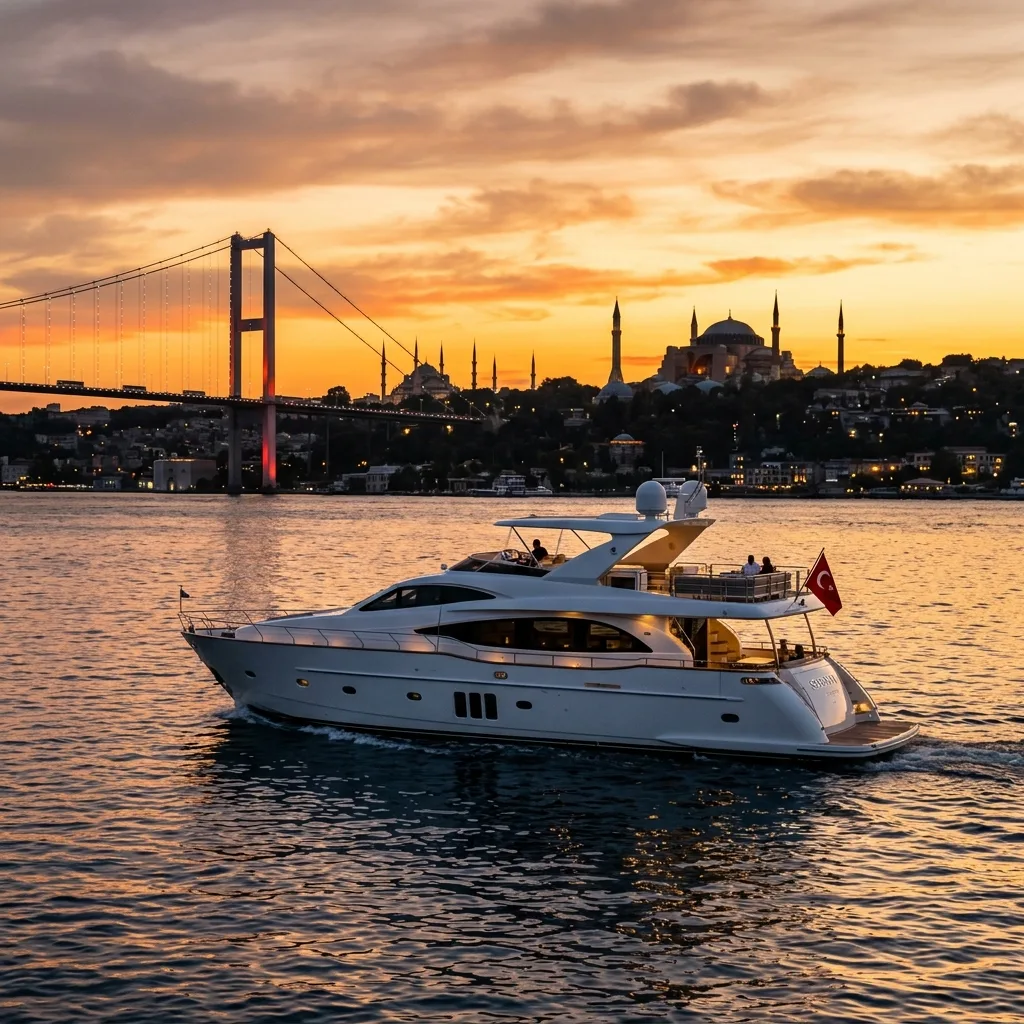 Private yacht on the Bosphorus with Istanbul skyline