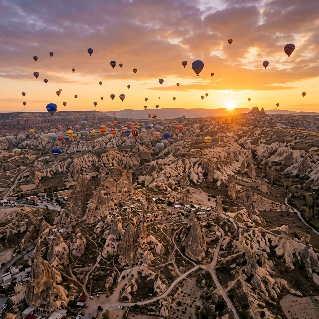 Hot air balloons over Cappadocia at sunrise