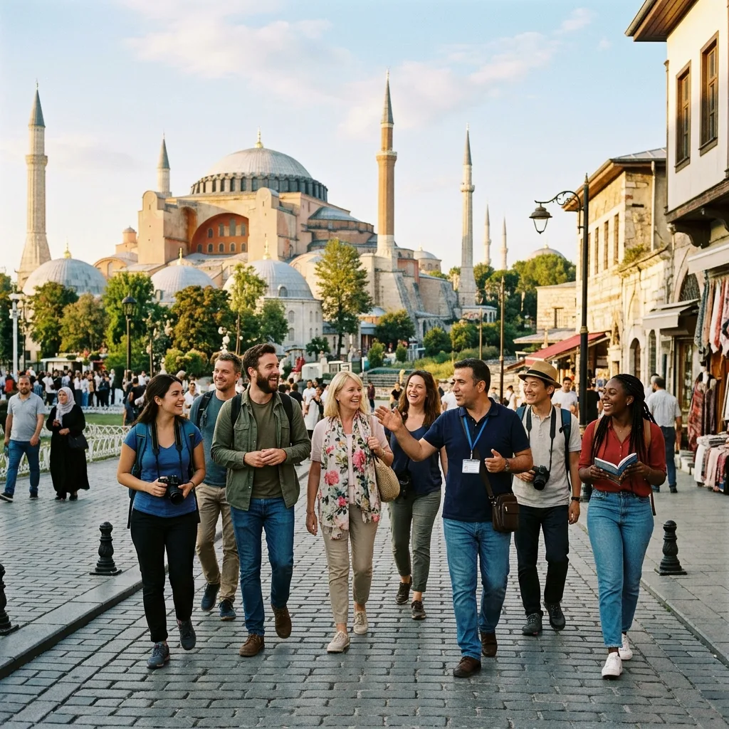 Tourists exploring Istanbul with a local guide near Hagia Sophia